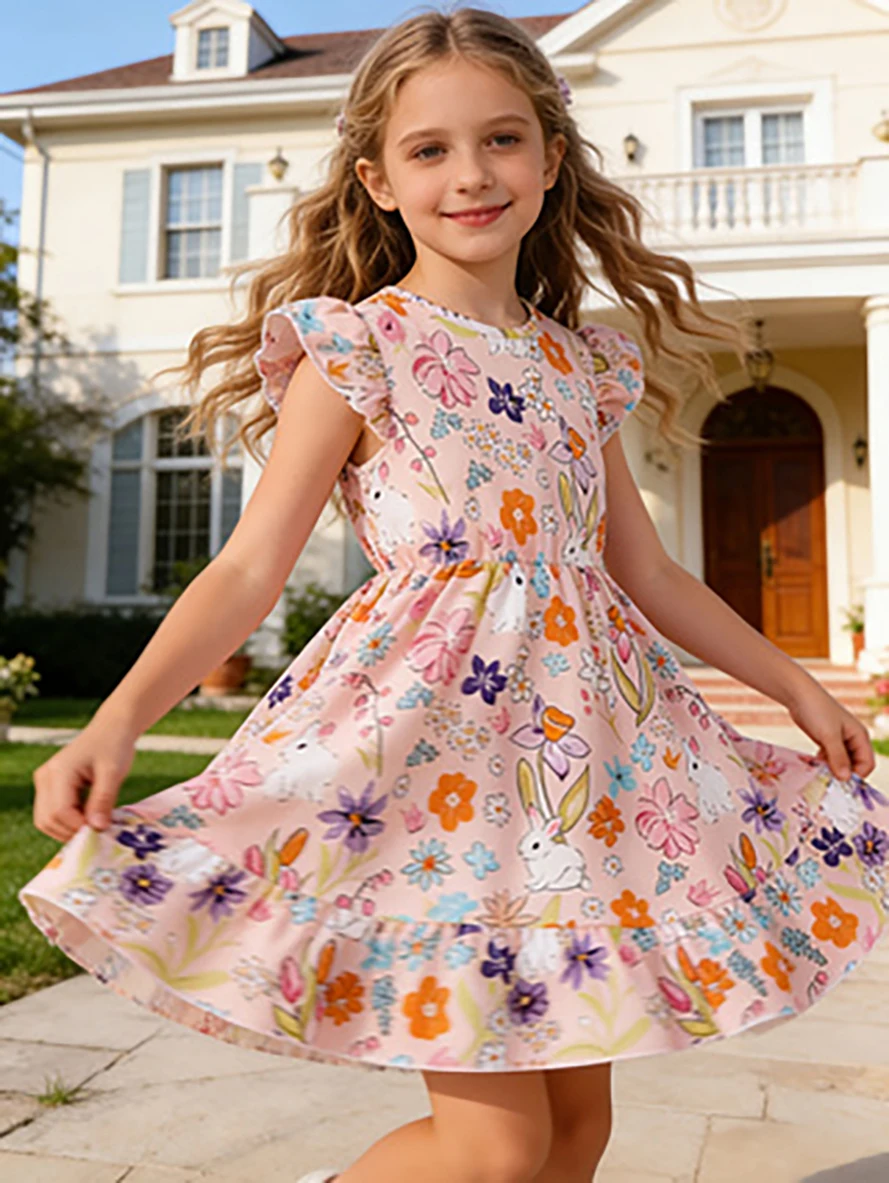 Oster-Hasen-Blumenkleid für Mädchen, Sommerkleid mit Flatterärmeln und A-Linien-Prinzessinnenrock, Süßes Kinder-Urlaubskleid – Detail 4