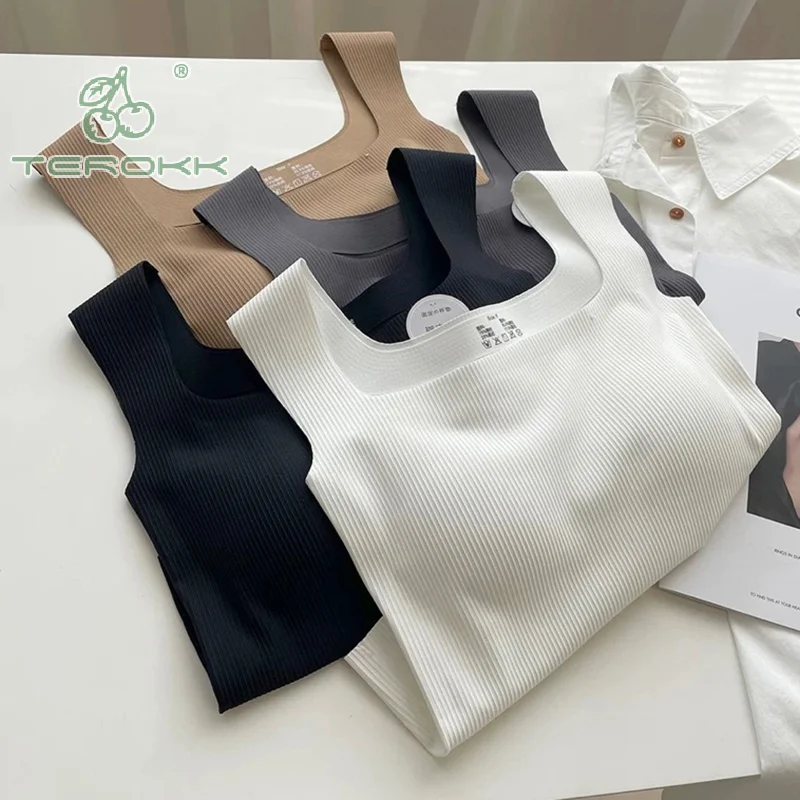 1Pcs Wide Shoulder Camisole Square Neck Beautiful Back Threaded Vest Women's Seamless One-piece Fixed Cup Casual Solid Tops