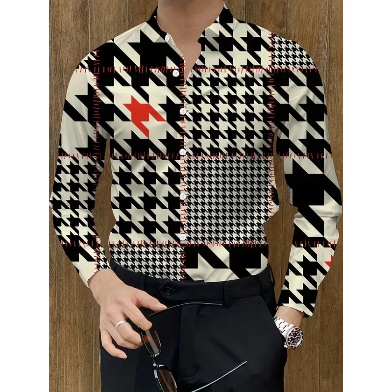 Men's Splice Geometry Beach Shirt Black White Hawaiian Casual Shirt Men's Vintage Shirt Long Sleeve Top
