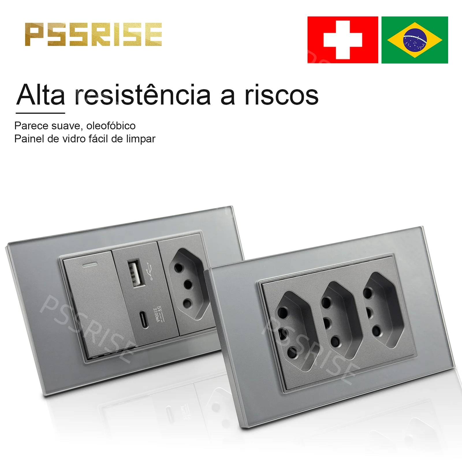 

PSSRISE Grey Tempered Glass Standard sockets and switches brazil Switzerland Usb TypeC 20W Wall Socket Light Switch tomada vidro