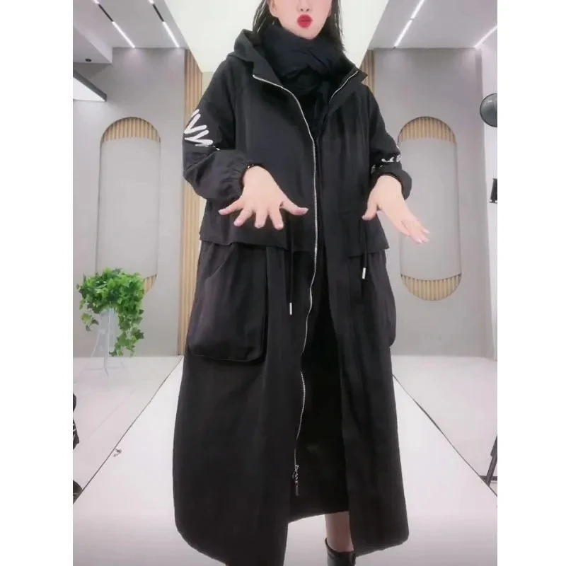 Casual Letter Windbreaker Coat, Women\'s, Korean Zipper Hooded Long Trench Coats, Black Overcoats, Spring, Autumn, New, 2025