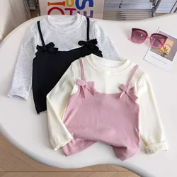 Baby Girls Long Sleeve T-shirt Kid Bowknot Top Tees Toddler Pullover 2025 Spring Autumn 1 To 6Yrs Children Clothing Korean Style