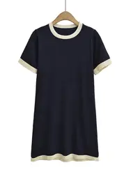 XNWMNZ Women Fashion 2024 Short Plain Knit Dress Women Retro Round Neck Short Sleeve Ribbed trims Versatile Female Mini Dresses