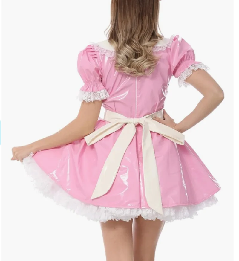 French Sexy Adult Customized Fetishist Costume Crossdresser Maid Pink White Spliced PVC Lapel Shoulder Fluffy Lace Dress