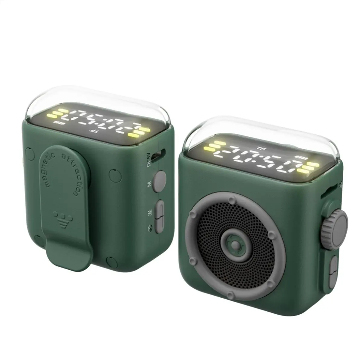 *A12R Mini Magnetic Backclip Bluetooth Speaker Time Display Hifi Sound Music Box Wireless Night Light MP3 Handsfree Call Green