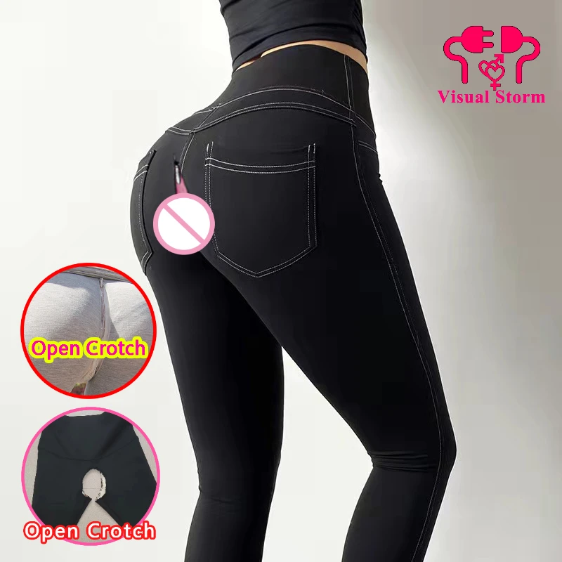 Woman Elastic Open Crotch Leggings Double Hidden Zippers Panties Crotchless Trousers Outdoor Sex Costume Couple Lingerie Push