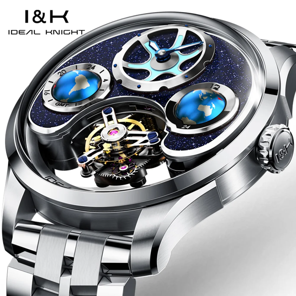 IDEAL KNIGHT 6808 Tourbillon Watches for Men Blue Earth Series High-end Luxury Brand Skeleton Automatic Mechanical Wristwatches