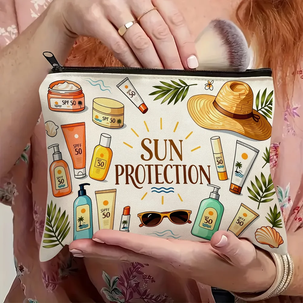 Sunscreen themed zipper cosmetic bag, portable for travel. Holds cosmetics, sunscreen, toiletries, pencils etc. Lovely gift for