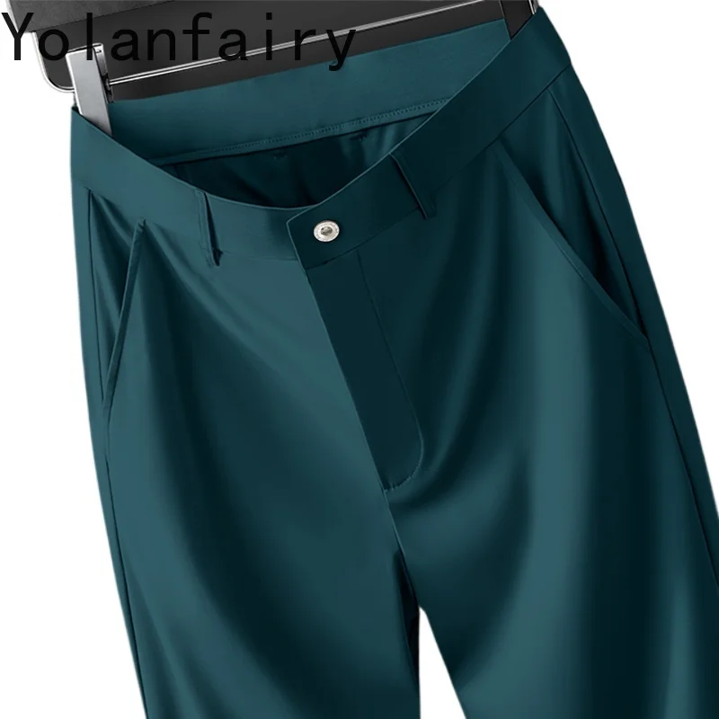 YOLANFAIRY 100% Mulberry Silk Men Trousers Summer Pants Men Straight Pants Casual Men's Clothing Black Trouser Pantalon Homme