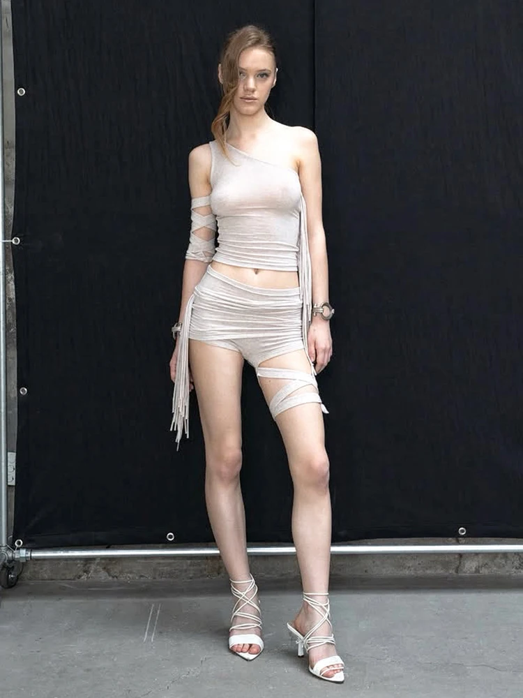 Weird Puss Sexy Quasten-2-Teiler-Set für Damen, schräge Schultern, Bandage-Weste + elastische Taille, klassische Falten, kurzer Mitternachts-Hottie-Anzug – Detail 17