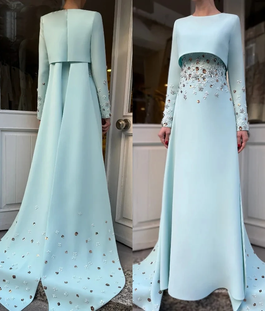 

MCDV Customized Graceful Jersey A-Line Sequined Beading Crystal 3D Flowers Evening Dress Delicate O-neck Celebrity Gowns