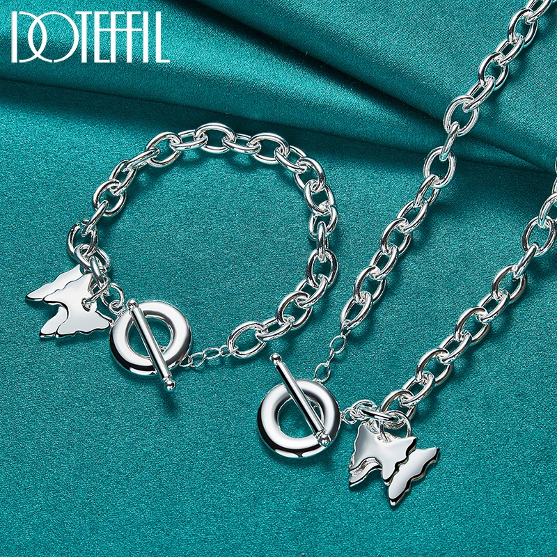 DOTEFFIL 2pcs 925 Sterling Silver Butterfly Necklace Bracelet Set For Women Man Wedding Engagement Jewelry