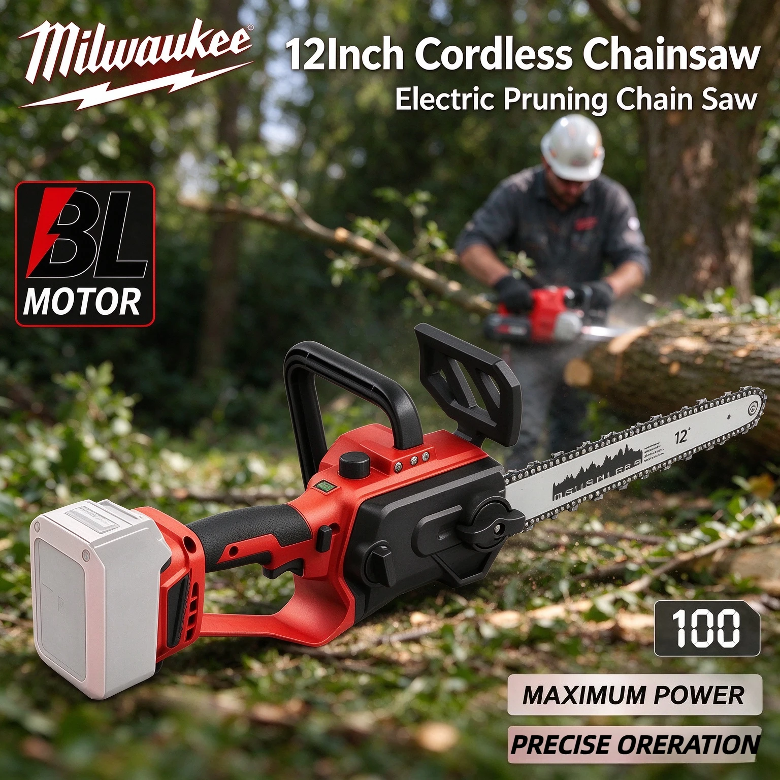 Milwaukee 12Inch Cordless Electric Chainsaw, Brushless Pruning Chain Saw, Portable Handheld Power Tool for Wood Cutting &Logging