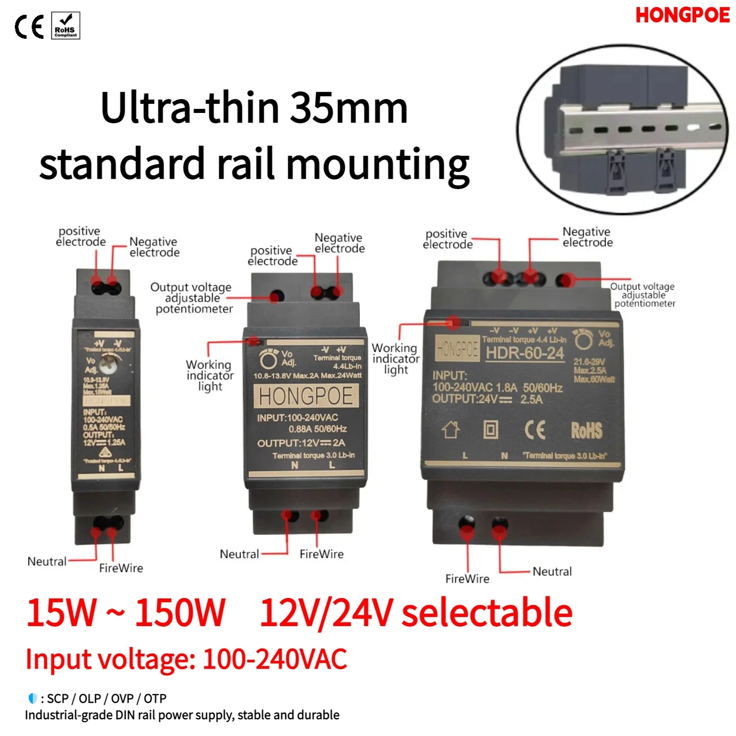 HDR-Serie SMPS 15W/30W/60W/100W/150W DIN-Schienen-Netzteile, 12V/24V LED-Treiber, 100-240VAC für Industriemotoren, Batterien, CCTV