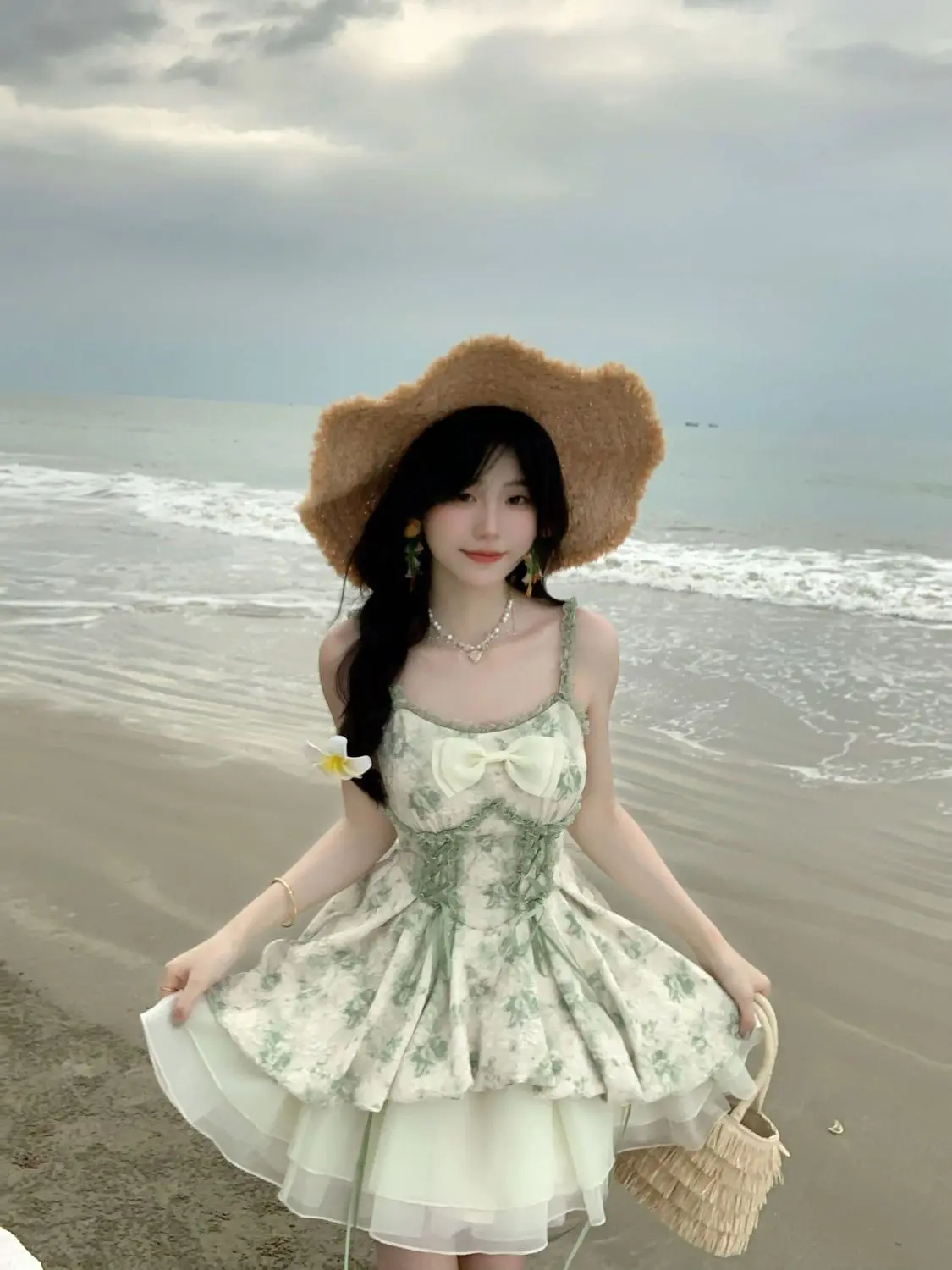 Feminino verde estilo fada vestido fino ajuste cinta de espaguete renda plissado hem malha vintage retalhos elegante kawaii roupa estética