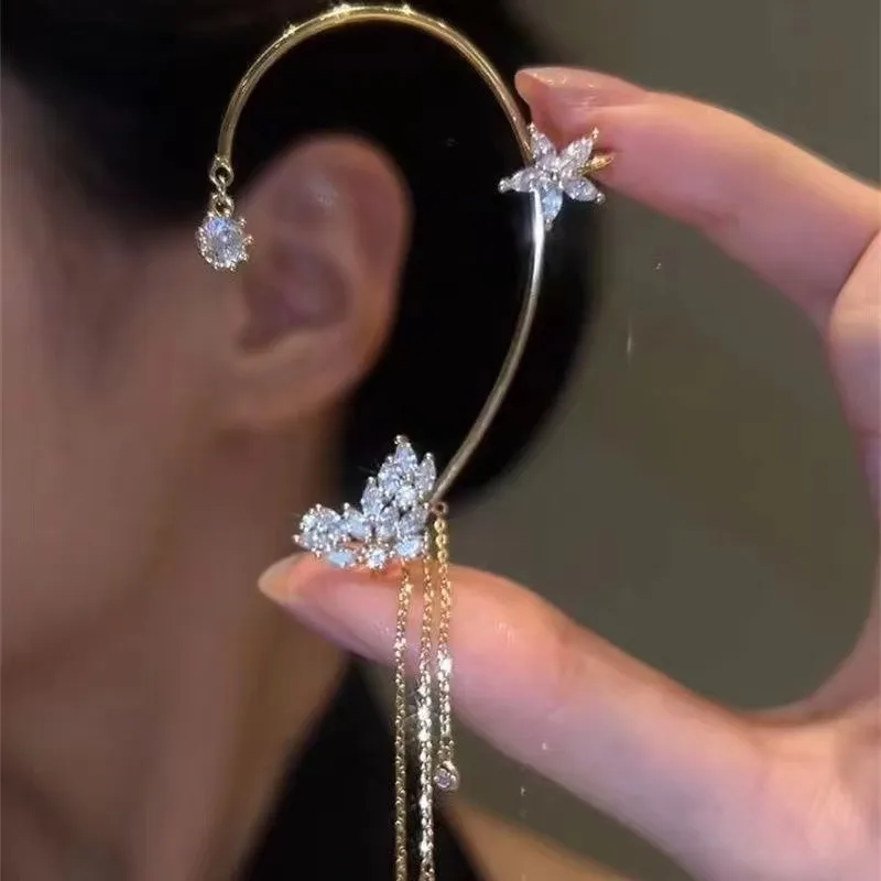 Flower Tassel Ear Cuff with Crystals, Wheat Ear Cuff, No Piercing, Unique, Super Fairy-like, Classy Vibe