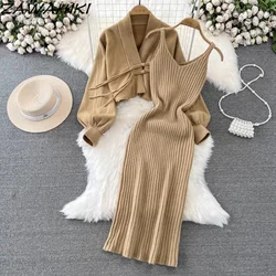 Knitted Two Piece Set Women Lantern Sleeve Pan Button Coat Women + Slim Vest Dress Chinese Style Office Lady Elegant  Ropa Mujer