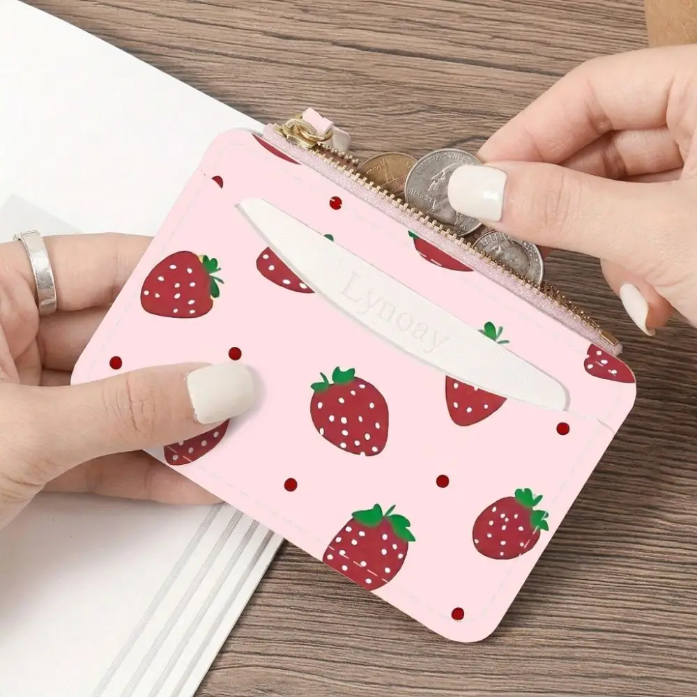 Sweet Strawberry Print Card Clip Wallet Zipper Lightweight Coin Pocket Wallet Ultra-thin Small Card Case for Women Girls