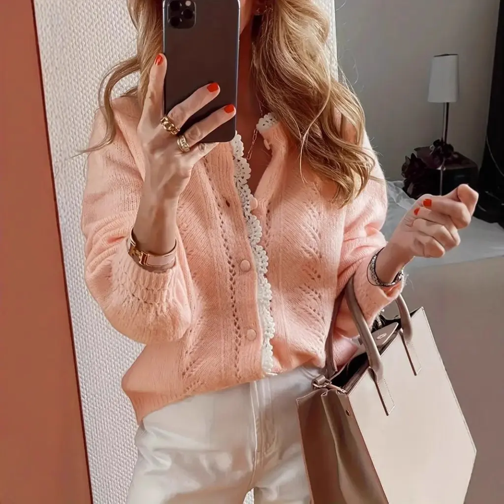 

Women's Elegant Pink Cardigan Spring Autumn Casual Top Soft Knitted Long Sleeve V-Neck Button Front Sweater