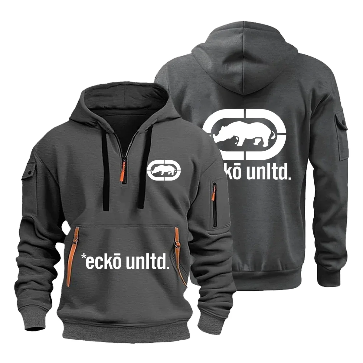Men Keep Warm Hooded Jacket Ecko Unltd Rhino Logo Half‑Zip Hoodie Sweatshirt Hip‑Hop Streetwear Casual Pullover Hooded Top Coat