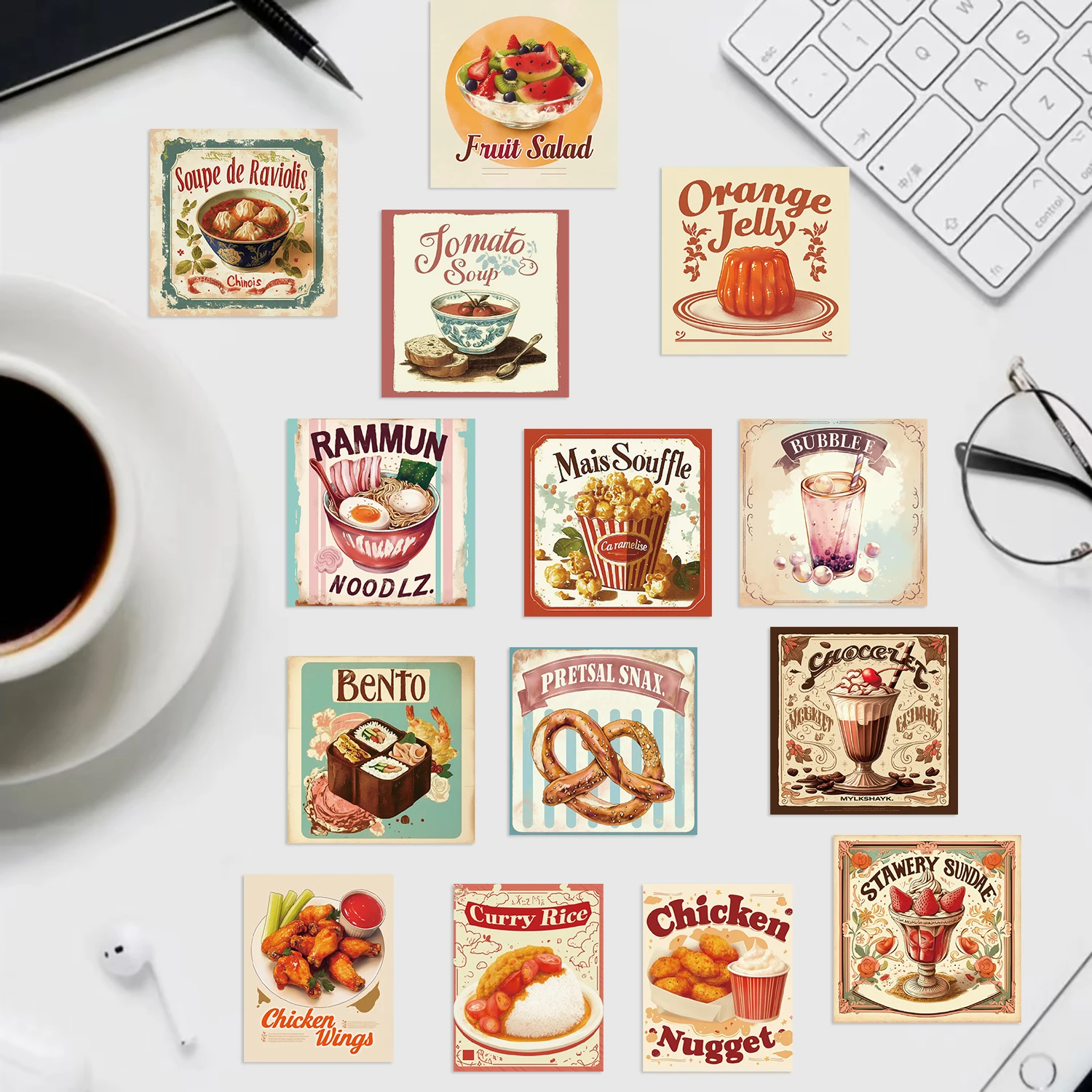 50개 레트로 음식 스티커, 일기장, 노트북, 여행 가방, 스케이트보드, 만화 스티커, 재미있고 클래식한 선물 장식