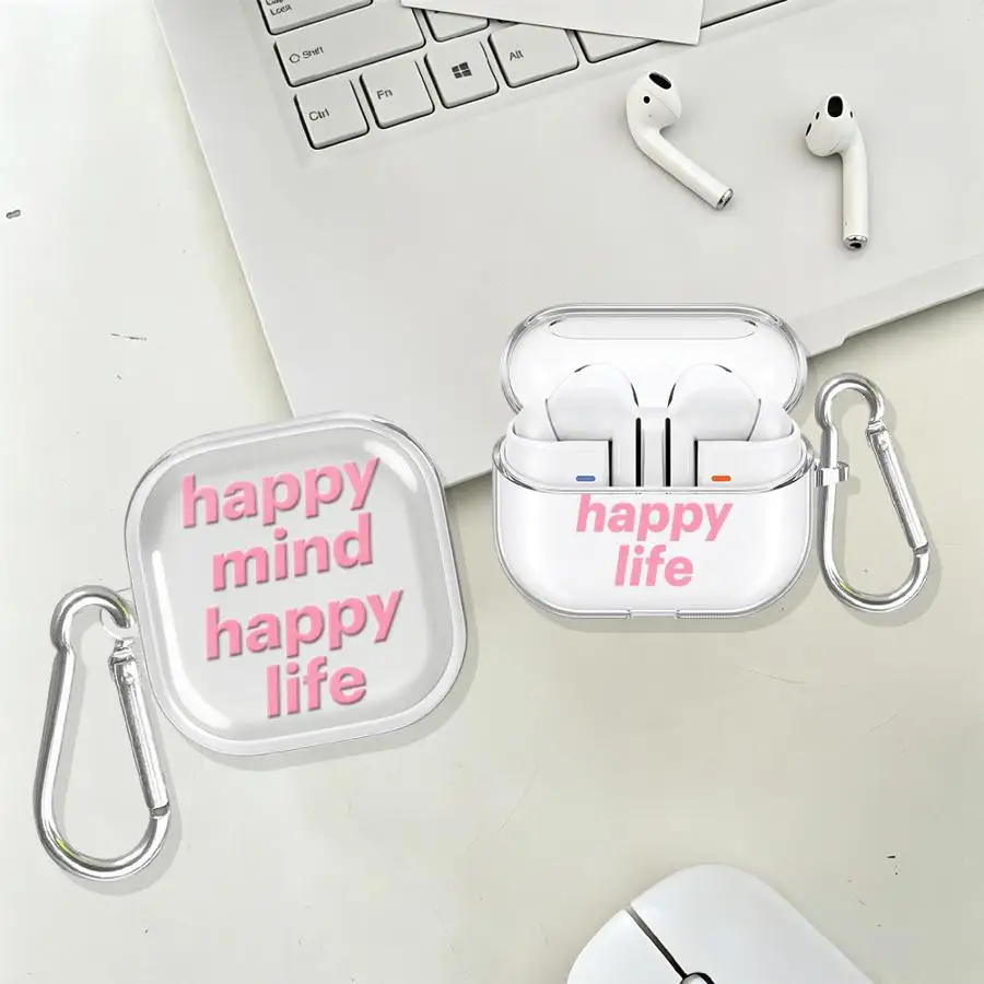 Clear Earphone Cases Cover With Hook Case For Samsung Galaxy Buds 4 Pro 3Pro 2 3 FE Live 4Pro 2Pro Happy Mind Text Print