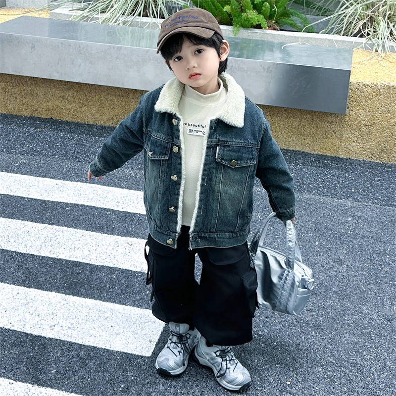 

Утепленная джинсовая куртка для мальчиков, осенне-зимняя новинка, детская хлопковая одежда, зимняя верхняя одежда для малышей, модная молодежная мода