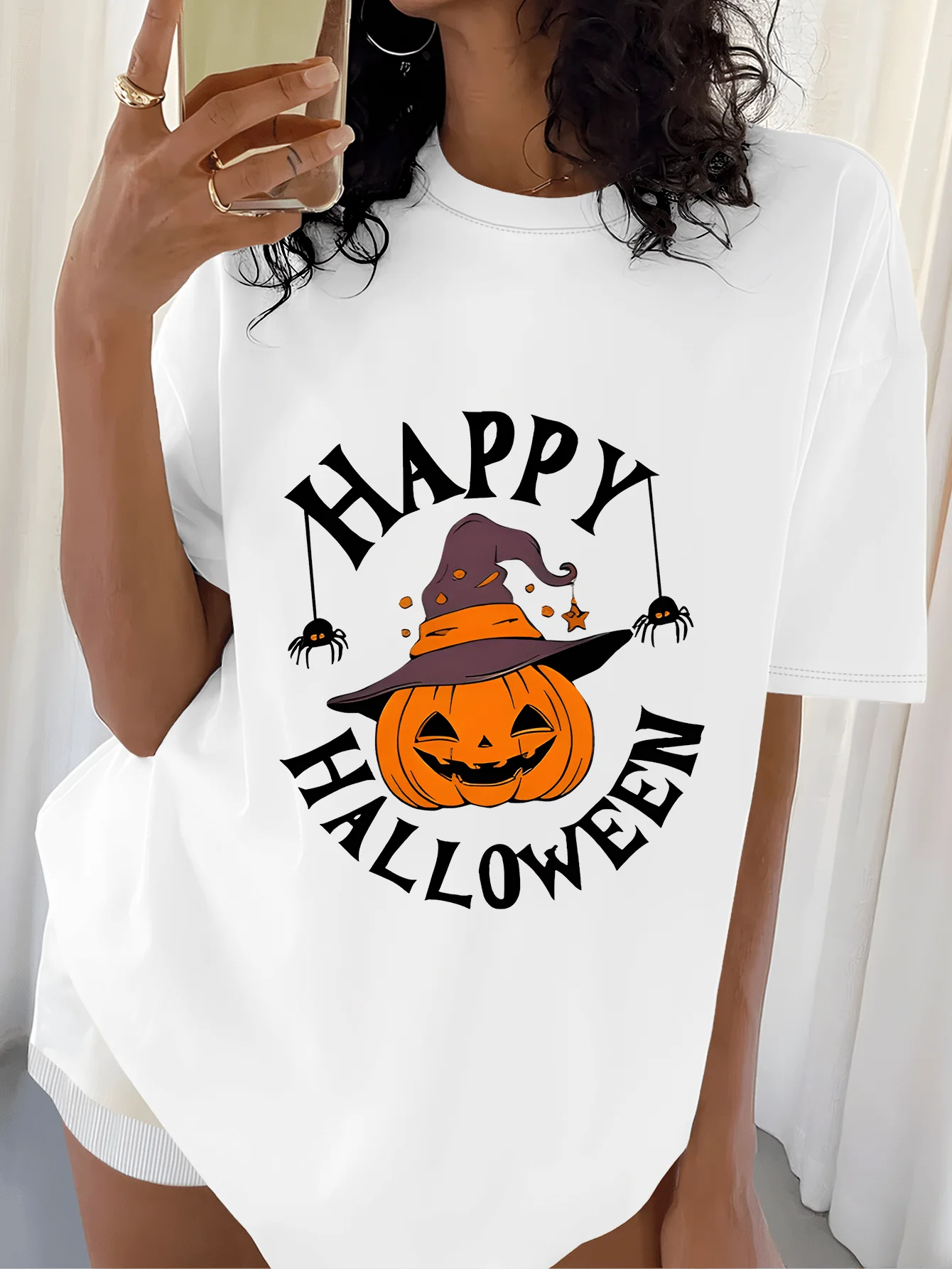Women's Black Short Sleeve T - shirt Happy Halloween Pumpkin Graphic Festive Stylish Casual Top