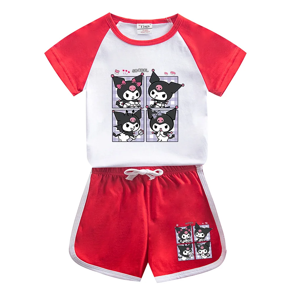 Traje Kawaii Sanrios Kuromi para niños y niñas, camiseta de dibujos animados de algodón, pantalones cortos de manga corta, conjunto de dos piezas, Tops de moda, regalo