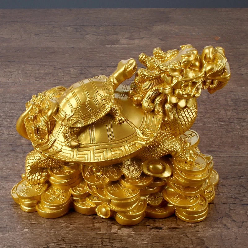 Golden Feng Shui Dragon Turtle Tortoise Statue Figurine Coin Money Wealth Ornaments For Home Office Decoration