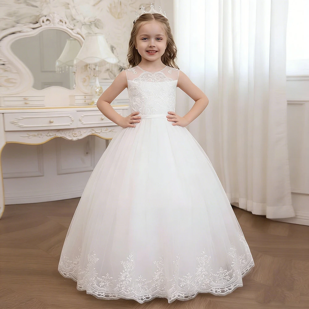 

Girls White Lace Appliqued Tulle Flower Girl Dress Sleeveless Princess Pageant Gown for Wedding Party First Communion Kids Dress