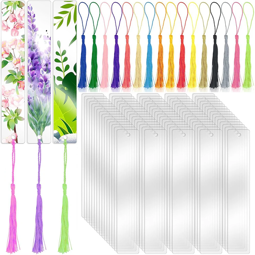 

100pcs Transparent Acrylic Book Markers With 100pcs Colorful Tassels Bookmark Personalized Tassels Blank Bookmarks DIY