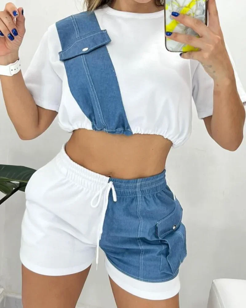 

Denim Patch Short Sleeve Top & Drawstring Shorts Set Women Spring Summer Blouse Top High Waist Shorts Pants Sexy