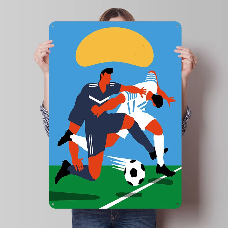 Soccer Players in Action Tinplate Poster Custom Wall Art Vintage Metal Signs Retro Tin Plaque for House Interior Accessories