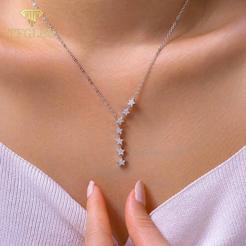 

TFGLBU New D Color All Certified Moissanite Pendant Necklace for Women Stars Party Bridal Jewelry 100% Pure 925 Silver Chain