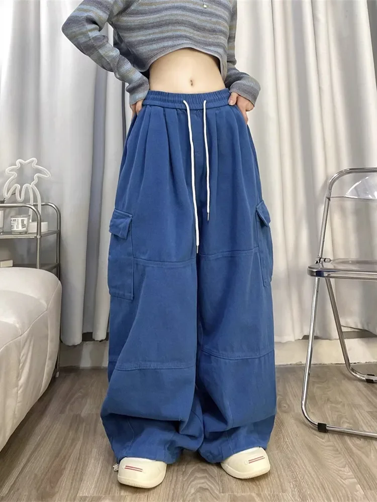 2024 Korean Y2K Fashion Drawstring Casual Baggy Cargo Jeans Pants Women Clothing Straight Wide Leg Sweatpants Female Trousers