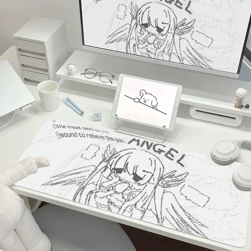 Pixel Girl Angel Wings Anime Kawaii INS Y2K Leather Desk Pad Protector Mouse Pad Office Desk Mat Non-Slip PU Desk Blotter Pad
