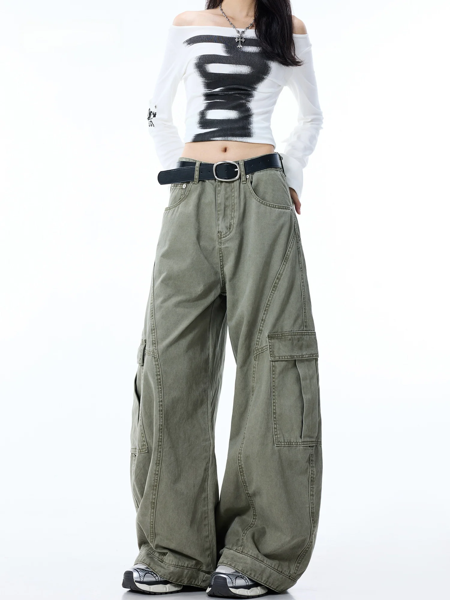 Women's Casual Wide Leg Jeans Cargo Pants Multi-Pocket 3D Tailoring Slimming Knife Loose Floor-Length Trousers