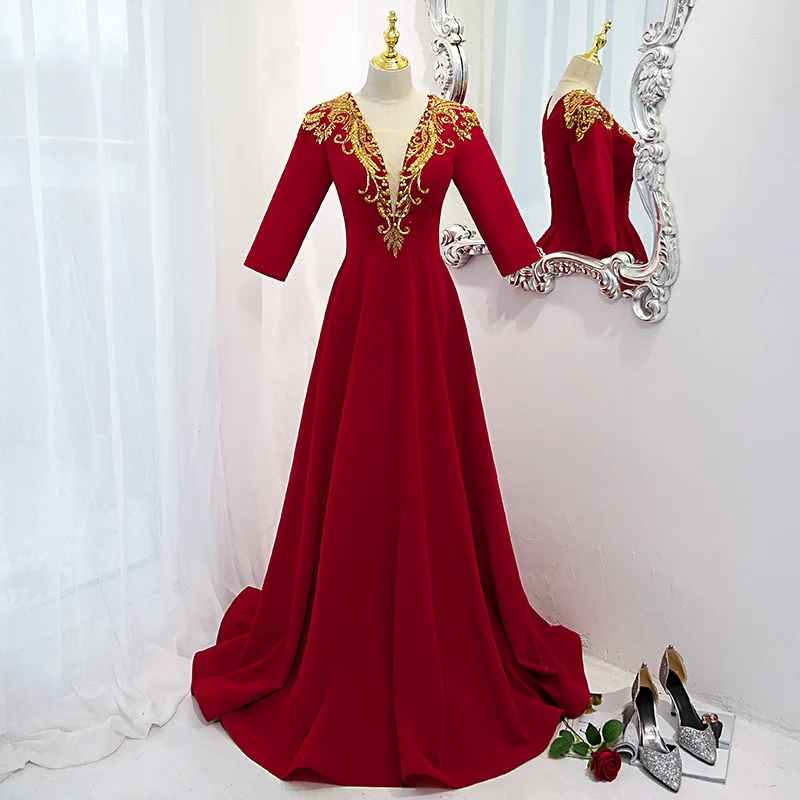 

Burgundy Women Evening Dresses Appliques V Neck Prom Party Gowns Formal Vestido De Noche Abenkleider robes de soirée