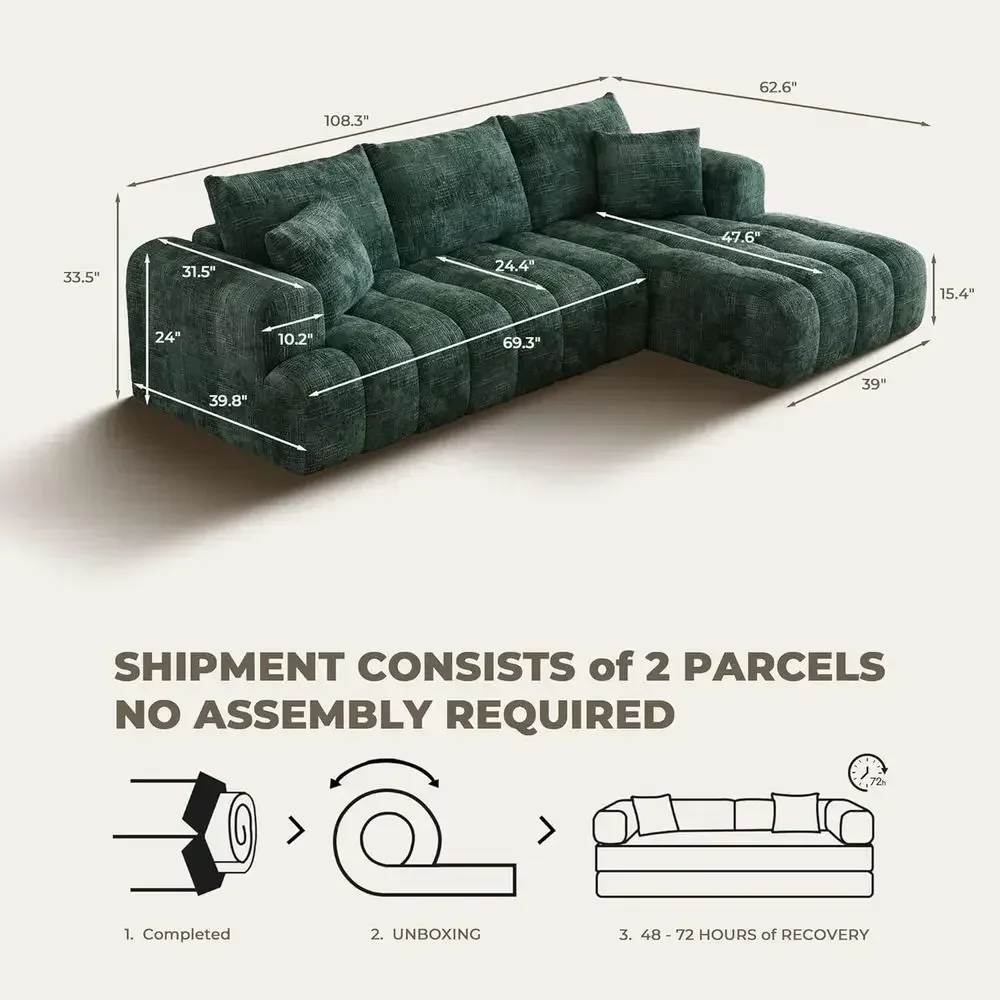 Green 3-Seater L-Shaped Sectional Sofa with Pillows
