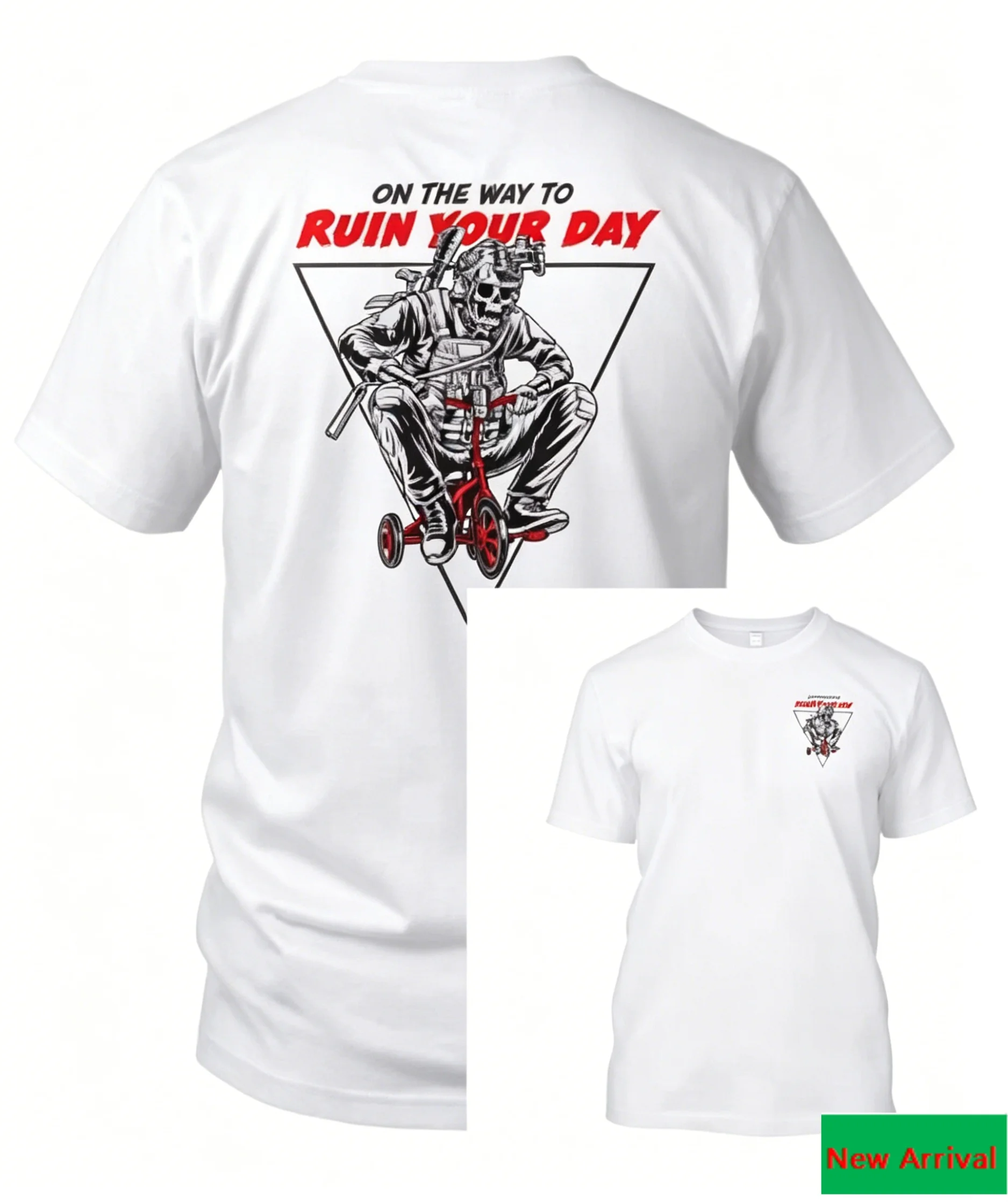 On The Way To Ruin Your Day Skeleton Tricycle Art with Front Triangle Logo Print T Shirt, Retro Humorous Military Tactical