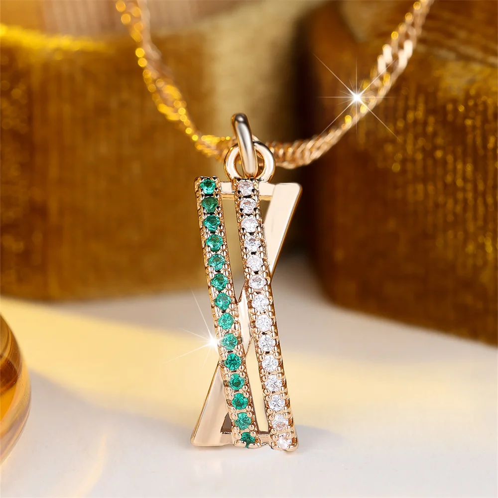 Green Blue Purple Zircon X Pendant Stone Necklaces for Women Vintage Gold Color Chain Necklace Wedding Jewelry Mother's Day Gift