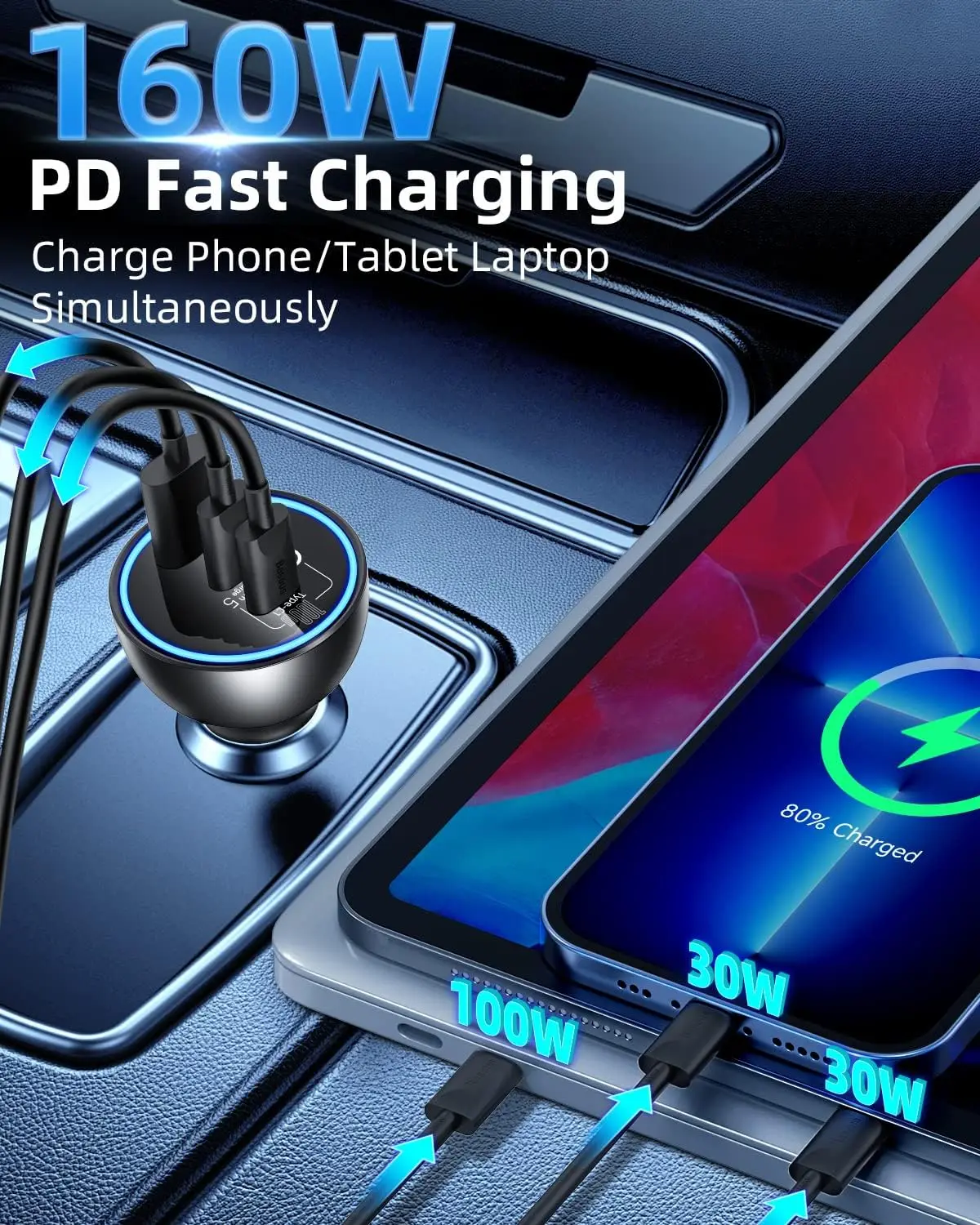 160W 100W 200W USB Type C Fast Car Charger QC5.0 PD3.0 PPS 3 Ports Super 100W Dual Quick Charger Car Charger Adapter for Phones