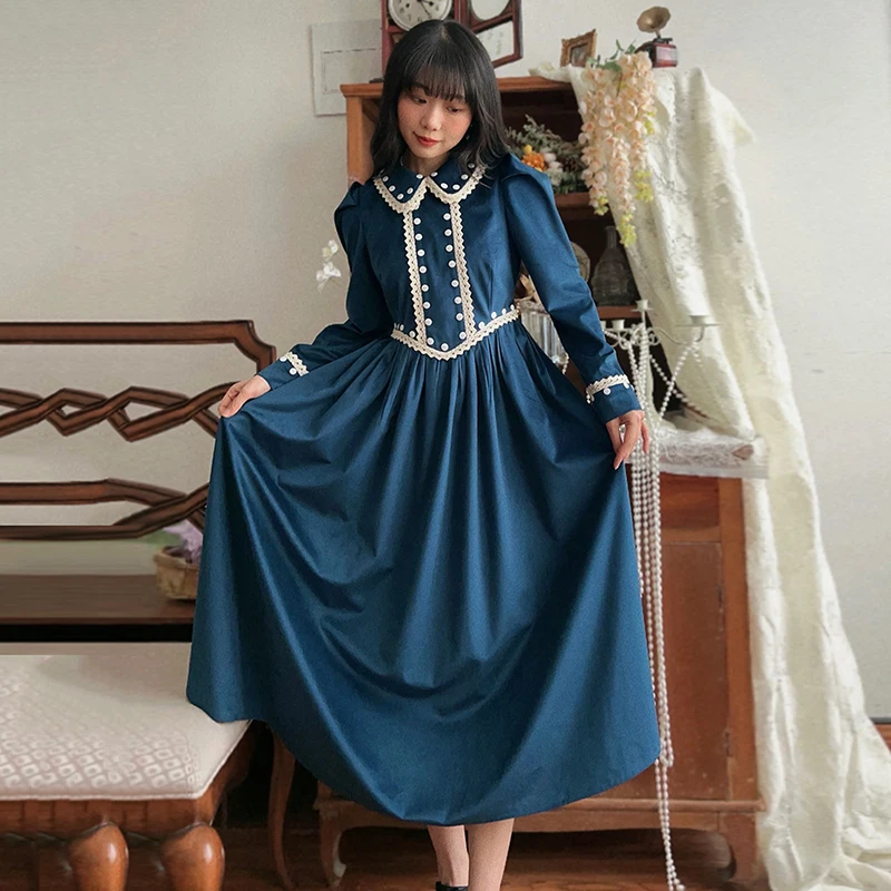 Anxin sh princesa retro vintage lapela tribunal cisne azul veludo elegante manga longa flor renda zíper vestido de noite personalizado