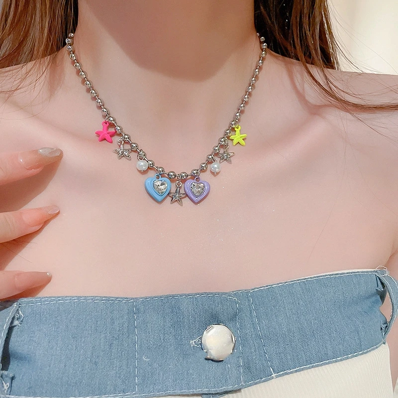 Korean Fashion Colorful Star Pearl Love Crystal Pendant Necklace for women Aesthetic Jewelry Beaded Necklace Clavicle Chain Y2K