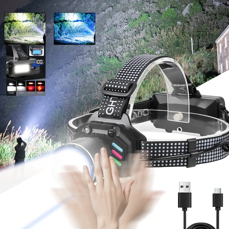 Dual-Light Zoom Sensor Capable Headlamp Strong LED Memory Function for Hiking Camping Night Riding Outdoor Type-C USB Charging