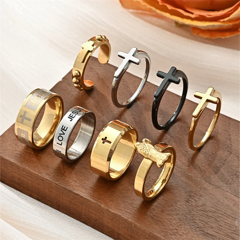

Gold Religious Anillo Rosary Ring Stainless Steel Catholic Crucifix Praying Wedding rosaries beads Corss rings