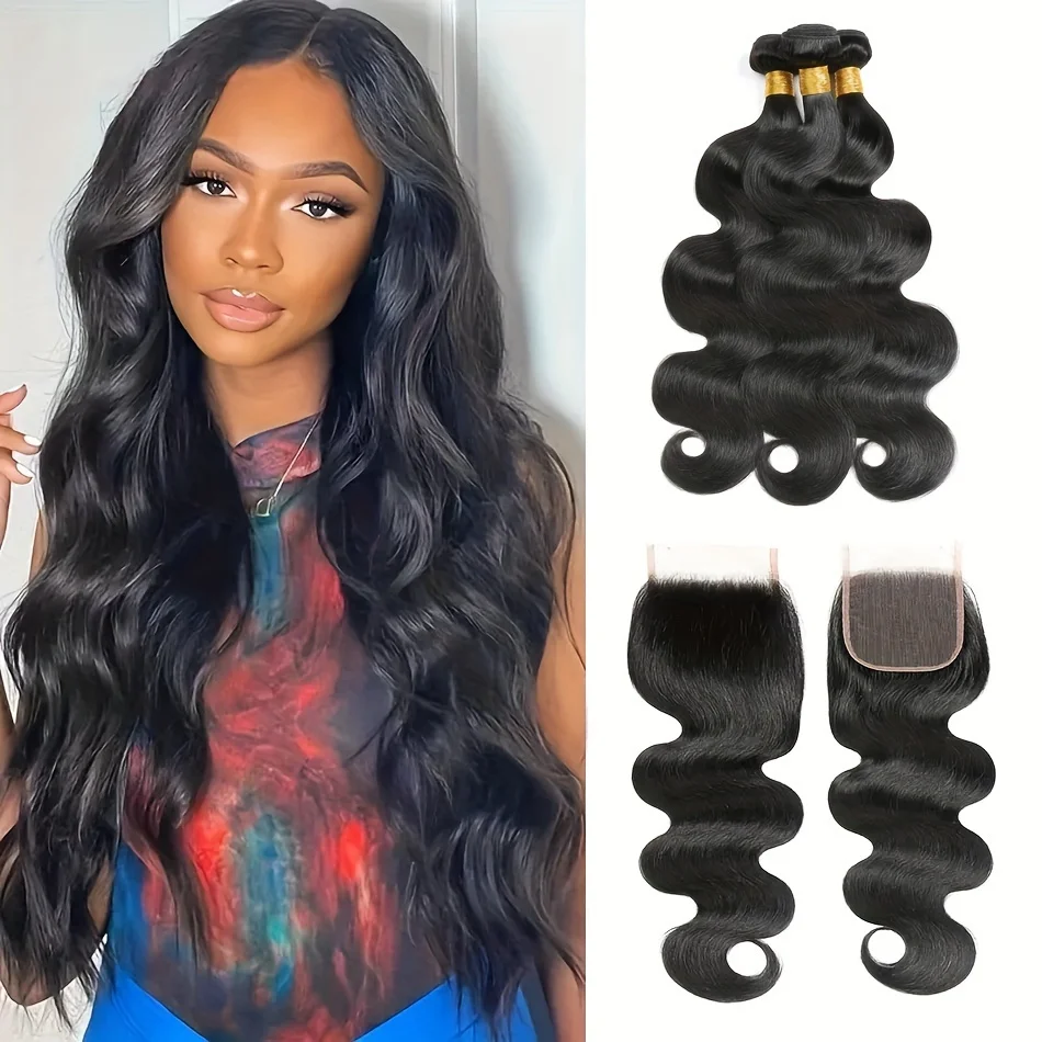 Capelli dell'onda del corpo 3 pacchi con chiusura in pizzo 4x4 Estensioni dei capelli umani al 100% Onda del corpo peruviana con chiusura Parte libera può essere tinta