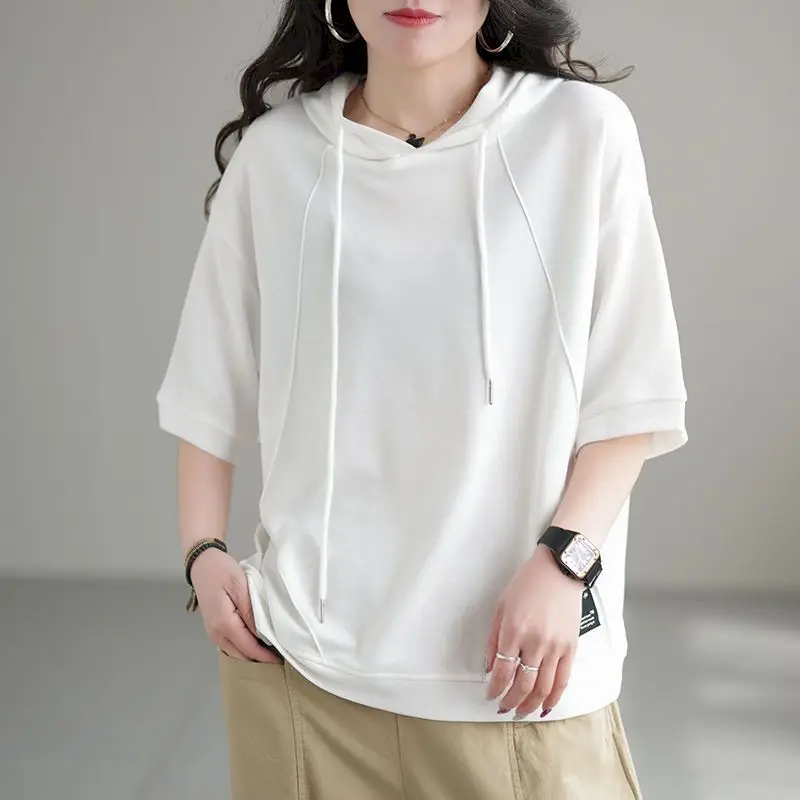 Oversized T Shirt Women Summer Hooded Half Sleeve T-shirt Korean Style Loose Tops 98% Cotton Fashion Design Solid Tshirt Y2k Top