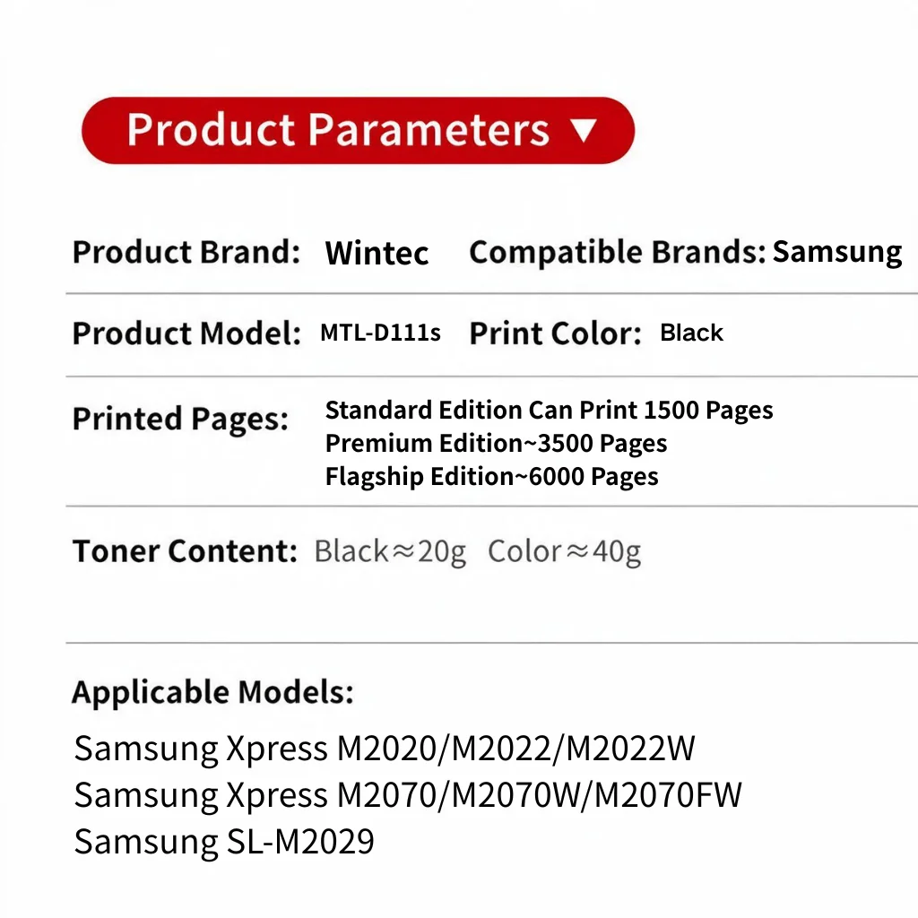 Suit For Samsung Xpress M2020 M2022 M2022W M2070 M2070W M2070FW SL-M2029 Toner Cartridge MLT-D111S D111S with Chip Compatible